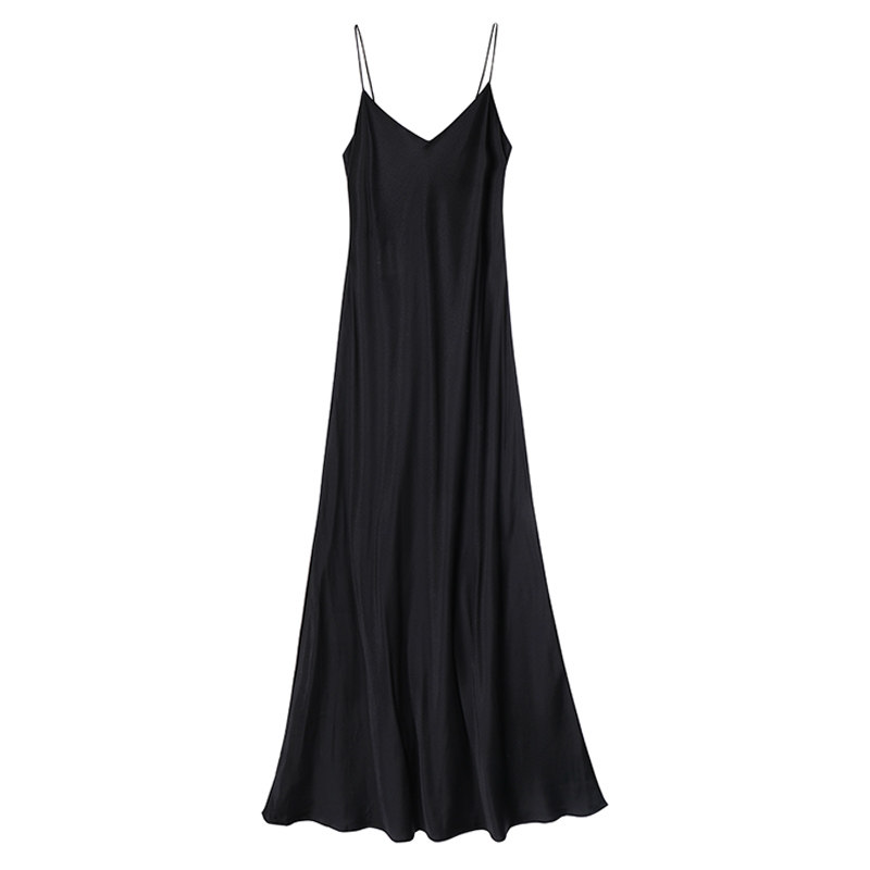FL/夏新缎面真丝  桑蚕丝黑色V领收腰吊带斜裁连衣裙 slipdress