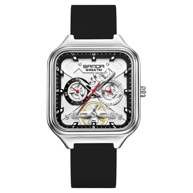 SANDA石英表方形夜光镂空机械风