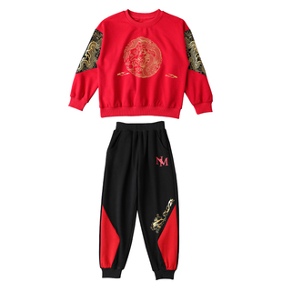 儿童国风套装2026新款春装马年新年衣服红色男童帅气时髦宝宝卫衣