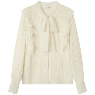 慕兔法式长袖衬衫女冬2025新款加厚蝴蝶结系带内搭打底衫加绒上衣