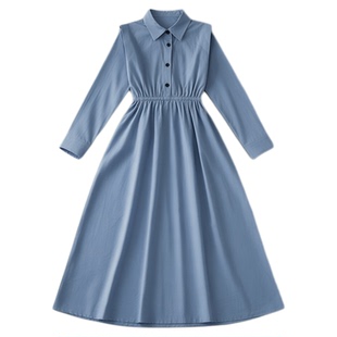 2025春季新款中大童韩版衬衣领长裙女童文艺衬衫裙长袖舞蹈连衣裙