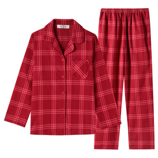 美标新款情侣长袖纯棉睡衣套装女春秋本命年红色全棉格子家居服男
