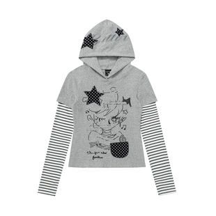 Double L2 轻亚风星星贴布条纹拼接连帽长袖t恤女收腰显瘦y2k上衣