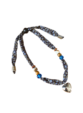 木质挂牌碎花串珠丝巾项链女小众