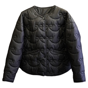 纯色蝴蝶结绗缝宽松显瘦圆领夹克外套加厚保暖长袖女棉衣棉服B964