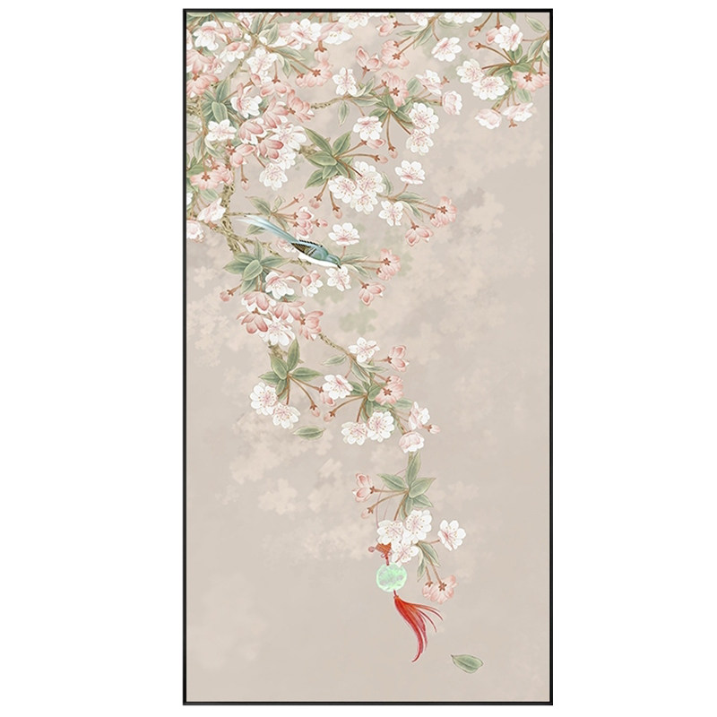 鹊上枝头入户玄关装饰画竖版新中式禅意走廊过道挂画花鸟茶室壁画