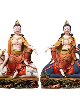 戴玉堂陶瓷摆件《极彩文殊普贤菩萨像》德化林建平佛像客厅装饰