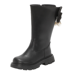 舞玛女童靴子儿童长筒靴2025新款冬季小女孩高筒拉链加绒洋气皮靴