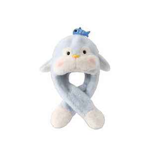 儿童企鹅毛绒帽子围巾一体耳朵会动可爱加厚保暖防寒护耳帽套头帽