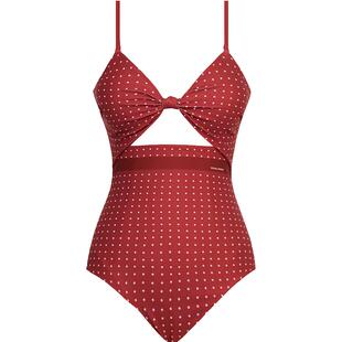 visual mood泳衣女复古红双面印花镂空遮肚显瘦度假温泉连体泳衣