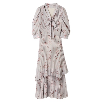 SNIDEL2025秋冬新品优雅泡泡袖系带百褶印花蛋糕连衣裙SWFO255038