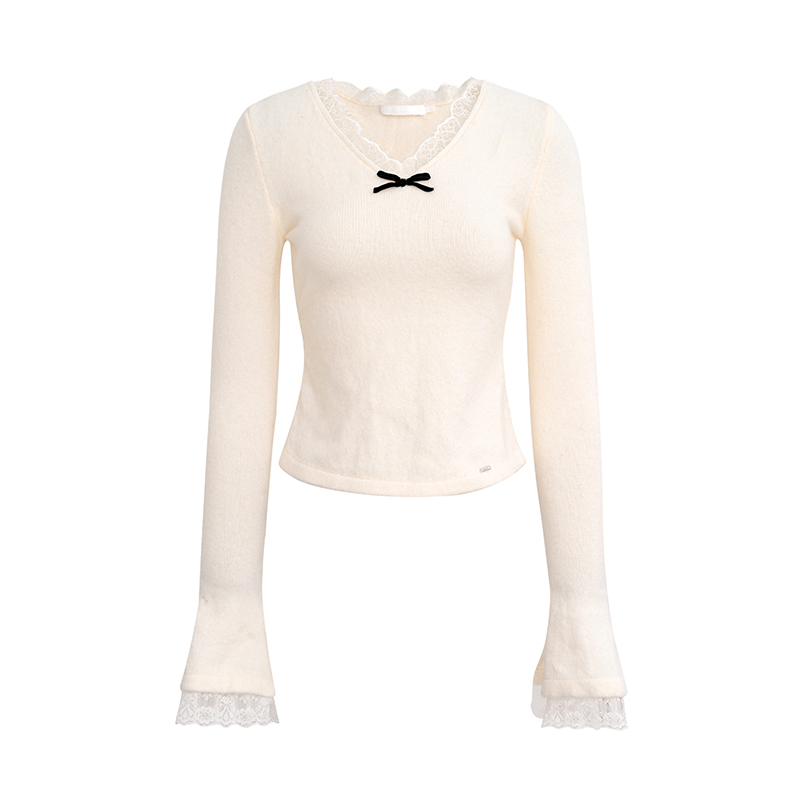 Kroche  浪漫蕾丝 丝绒蝴蝶结 蕾丝拼接v领针织打底衫