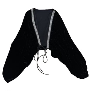 VANLU 华美风格 高级名媛风 钉珠灯笼袖系带短款真丝丝绒斗篷上衣