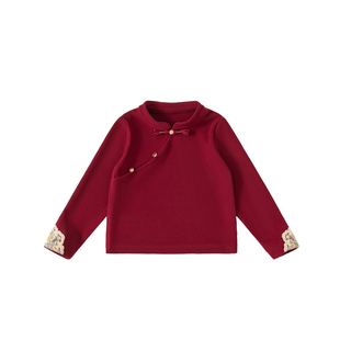 INSbobo童装女童汉服打底衫儿童长袖t恤红色拜年服新中式内搭上衣