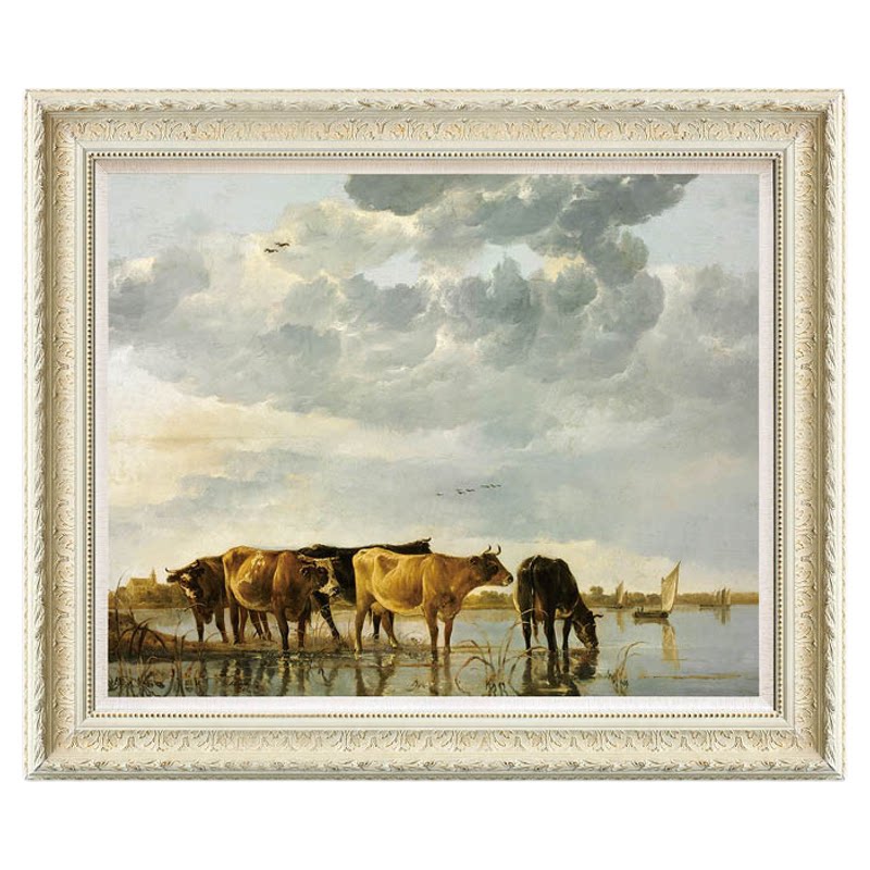 风色河边的牛群美式风景油画版画