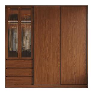 实木定制橡木衣柜推拉门家用卧室小户型中古风玻璃门趟门衣橱