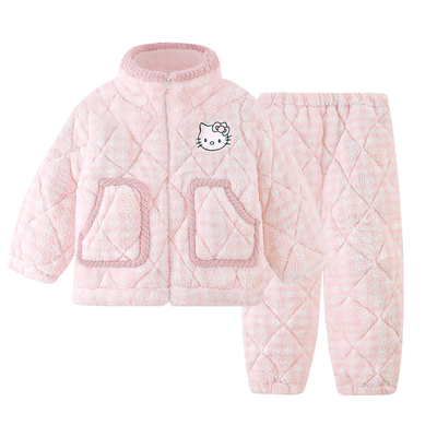 卡通三层夹棉儿童睡衣女童冬季保暖珊瑚加绒厚女孩亲子家居服套装