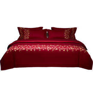 高端轻奢风婚庆四件套100S长绒棉纯棉被套酒红色送礼结婚床上用品