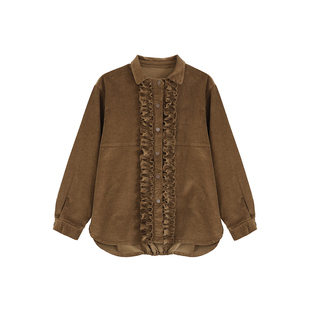 小小大星球童装 细条灯芯绒花褶门襟衬衫 女童亲子款春秋复古外套