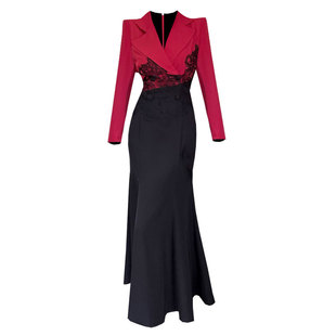 气质拼接花边撞色显瘦修身包臀鱼尾长裙特别漂亮掐腰连衣裙女秋冬