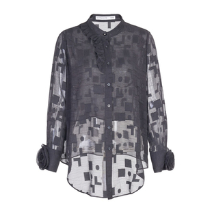 婉甸2025年秋季新品耀石黑立领长袖格纹微透刺绣衬衫1243S03DZ1