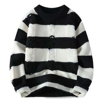 条纹圆领宽松毛衣男款秋冬季新款