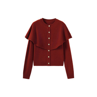 【100%绵羊毛】星期六红色新年披肩针织衫女春设计感开衫毛衣