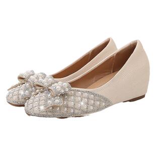 淑女鞋2025春季新款百搭蝴蝶结水钻内增高豆豆鞋小码女鞋3233单鞋