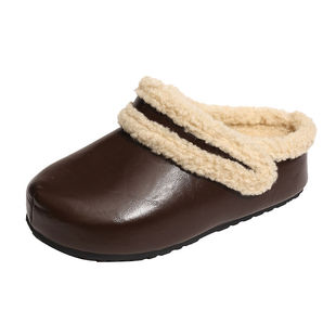 厚底加绒皮面勃肯鞋女包头半拖鞋外穿2025秋冬新款一脚蹬棉拖鞋子