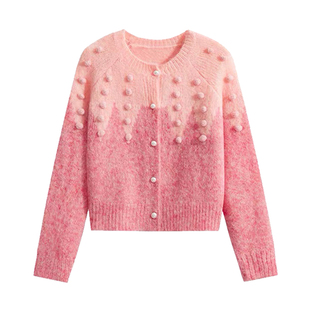 专柜新款软糯慵懒风毛衣外套女秋冬季复古宽松毛球渐变针织粉开衫