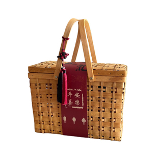 2026春节手工编织木片提篮年货特产伴手礼点心大容量包装竹篮礼盒