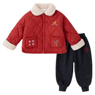 嘟嘟家儿童套装宝宝冬季拜年服男童女童过年衣服婴儿红色国风童装