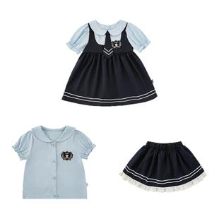 幼悠女童套装夏季新款短袖衬衫海军风半裙假两件背带裙学院多件套