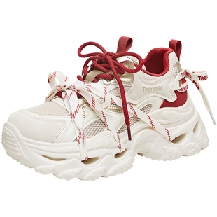 【马年系列】天美意蝶舞老爹鞋厚底增高绑带红色运动鞋女春季新款