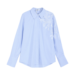 Maven Lin 知识分子风 经典蓝白条纹衬衫女花卉印花宽松长袖衬衣