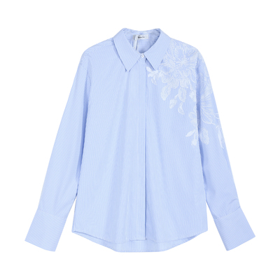 Maven Lin 知识分子风 经典蓝白条纹衬衫女花卉印花宽松长袖衬衣