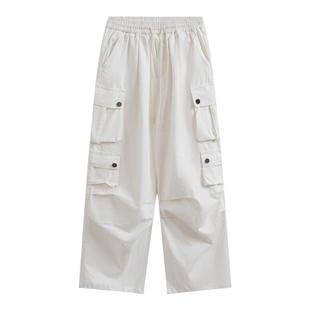 XBRO美式复古美拉德重工多口袋白色辣妹拖地阔腿裤伞兵裤工装裤男