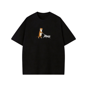 趣味老虎遛猫重磅纯棉落肩圆领短袖T恤男青少年宽松上衣套头潮流