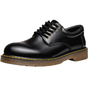 马登男鞋秋季潮鞋子男新款休闲皮鞋黑色大头马丁鞋百搭英伦风低帮