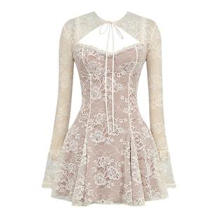 House of CB 法式性感收腰复古奶油白蕾丝迷你连衣裙带坎肩Alice