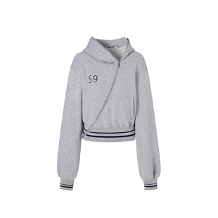 LEDIM WANG收腰连帽卫衣女灰色不对称拉链开衫修身2026春季新款