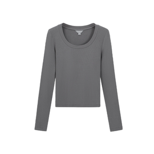 北欧时刻深灰色U领针织打底衫女春春内搭长袖t恤修身显瘦弹力上衣