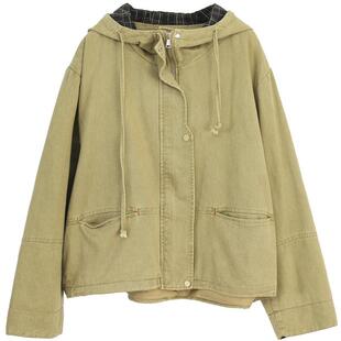 斜纹牛仔棉短款风衣女款2026秋季新品 重膀宽松大码连帽夹克外套