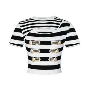 lefame拉飞姆黑白条纹珍珠船锚盘扣针织上衣