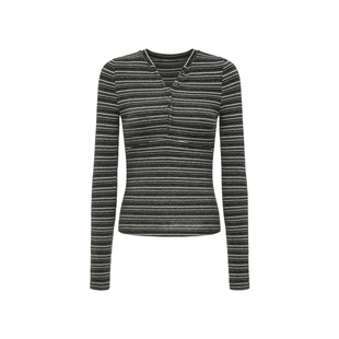 oinimi 复古绒感细腻条纹 可调节v领打底 henry collar亨利领T恤