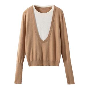 【假两件设计】绵羊毛+山羊绒 大V领撞色拼接套头针织衫毛衣女