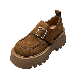 反绒皮2025秋季新款真皮厚底增高小皮鞋女百搭休闲松糕单鞋乐福鞋