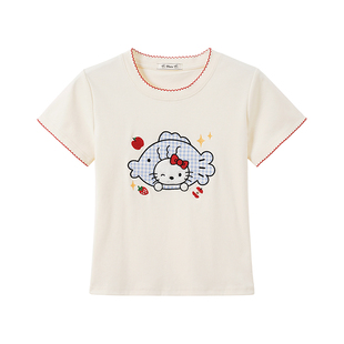 奶油的宇宙 刺绣格纹凯蒂猫杏色正肩短袖T恤女甜妹少女修身小上衣