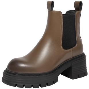 百丽厚底切尔西靴女冬新时装靴加绒瘦瘦弹力靴烟筒短靴B9J1DDD4