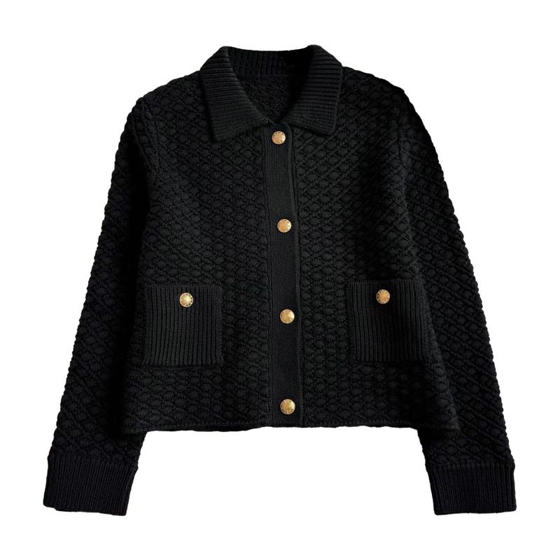 重磅~优雅气质黑金配 单排扣短款菱格针织开衫女翻领羊毛西装外套